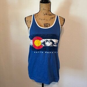Estes Park Distressed Graphic Racerback Blue Tank Top Medium